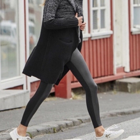 Athleta High Rise Gleam Tight Black Legging Faux Leather Front Panel - Picture 1 of 5